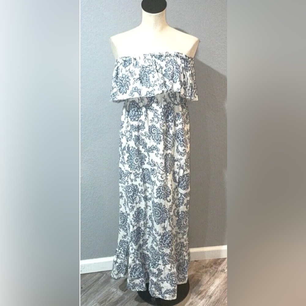 Moda International linen maxi Off-Shoulder White and Blue Floral Dress